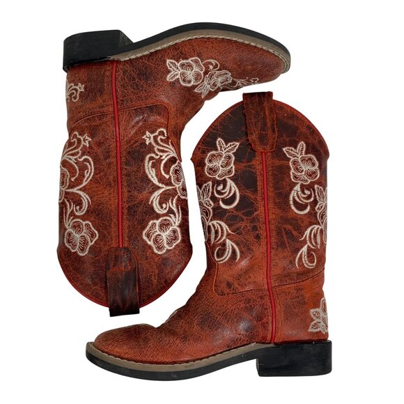 Shyanne Red Leather Western Embroidered Floral Cowboy Boots Girls Youth 12D EUC - Picture 7 of 9